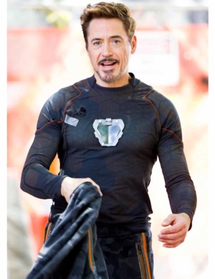 Behind the scenes shot of Robert Downey Jr. and the New Element Nano-Arc Reactor I prop.